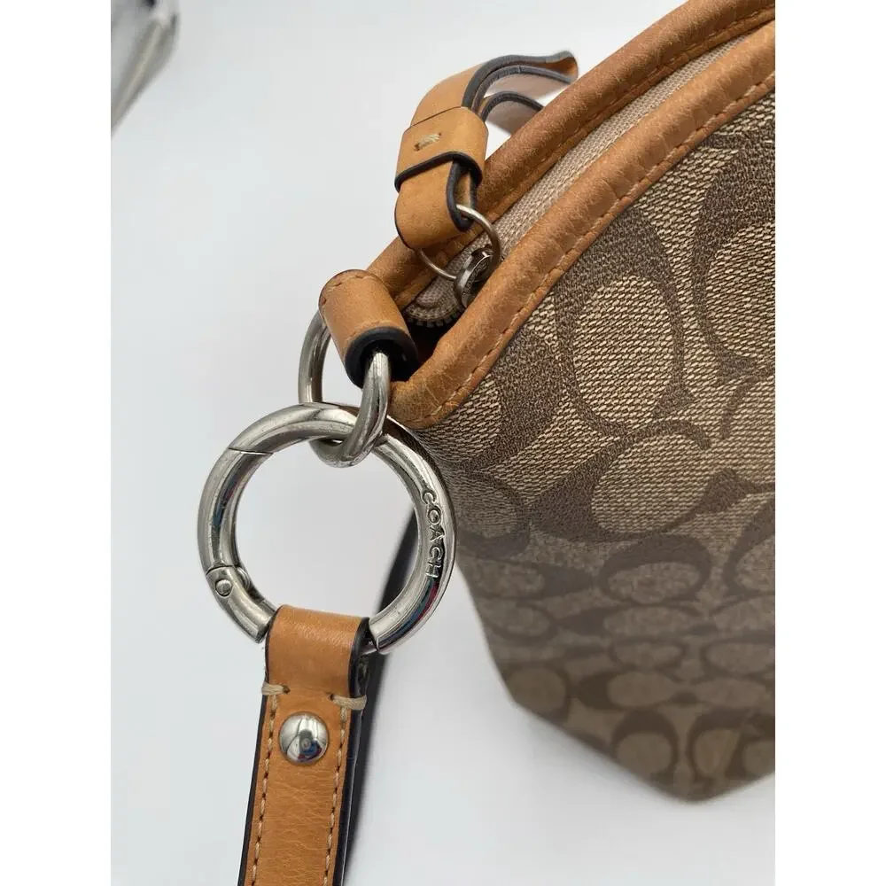 Coach Peyton Signature Pocket Tote Messenger Bag Tan Brown Crossbody Strap